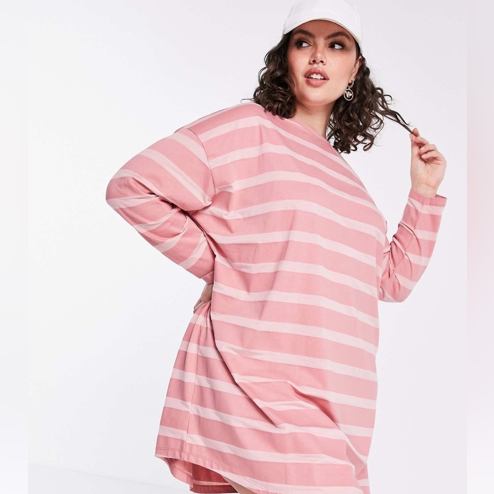 ASOS DESIGN Curve Oversized Long Sleeve T-shirt Dress Tonal Pink Stripe